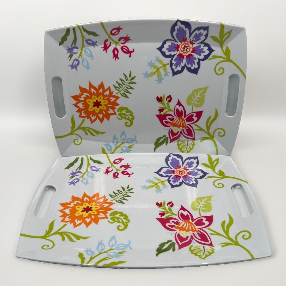 Longaberger Summertime Floral Melamine Serving Trays Platters Lot/2 Handles